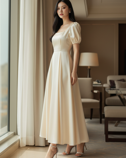 Satin Kleid Cream - Satin Midikleid Creme - A-Linie mit Puffarm - Ansicht 3