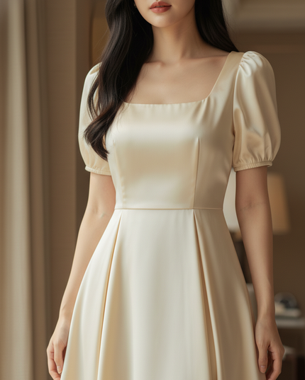 Satin Kleid Cream - Satin Midikleid Creme - A-Linie mit Puffarm - Ansicht 4