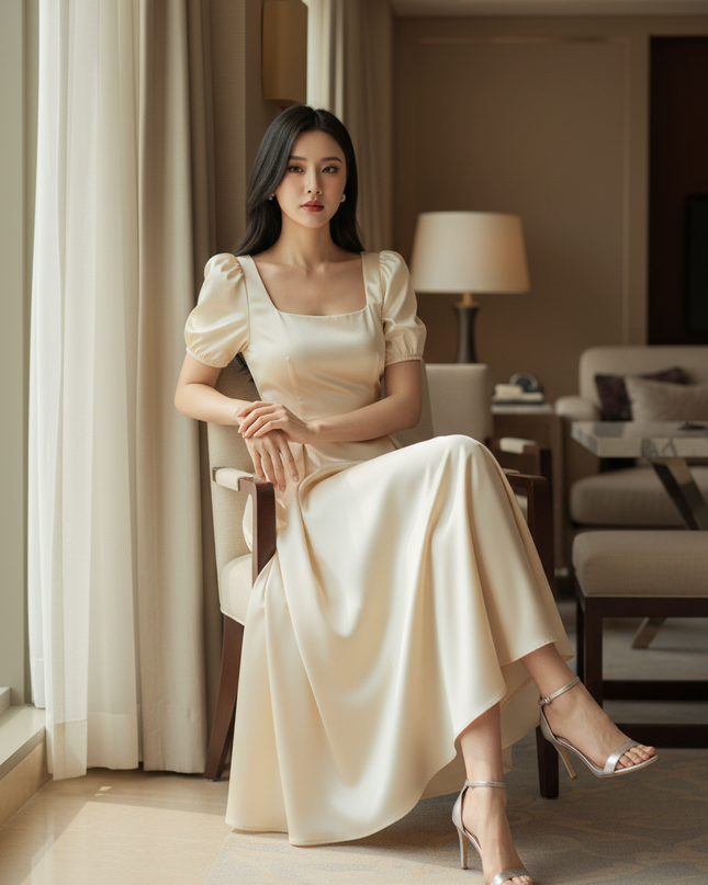 Satin Kleid Cream - Satin Midikleid Creme - A-Linie mit Puffarm - Ansicht 5