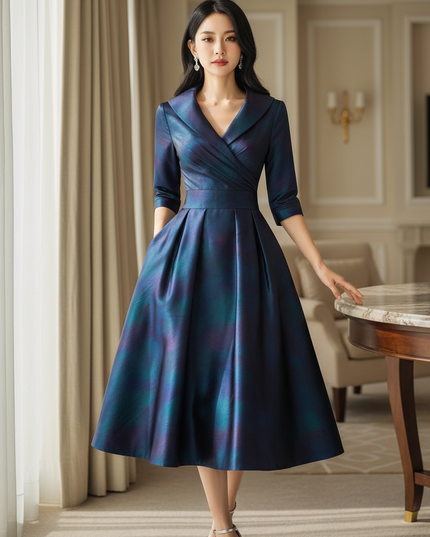 Satin Kleid Multicolor - Satin Midikleid Dunkelblau Langarm - elegantes Kleid - Ansicht 1