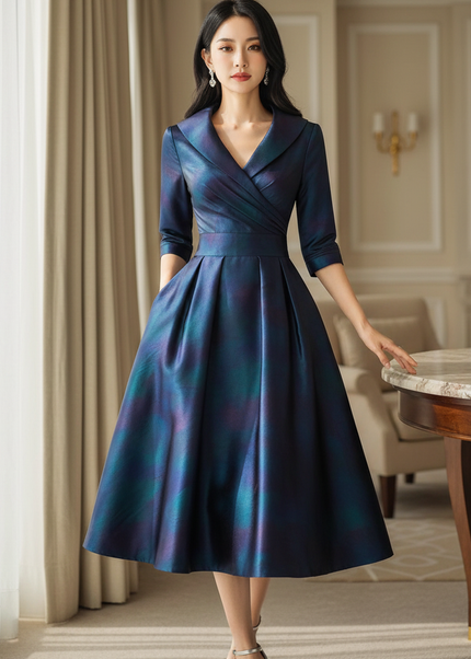 Satin Kleid Multicolor - Satin Midikleid Dunkelblau Langarm - elegantes Kleid - Ansicht 1