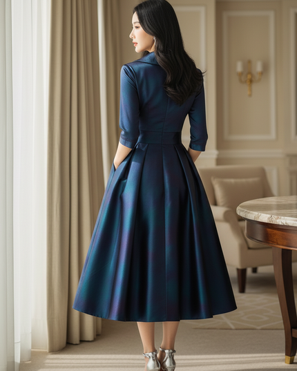 Satin Kleid Multicolor - Satin Midikleid Dunkelblau Langarm - elegantes Kleid - Ansicht 2