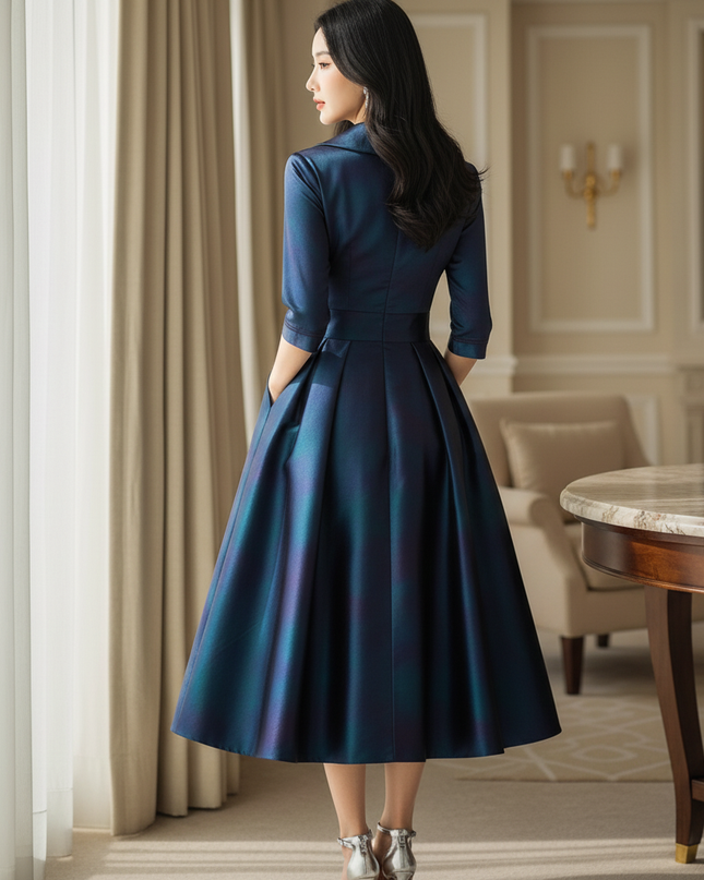 Satin Kleid Multicolor - Satin Midikleid Dunkelblau Langarm - elegantes Kleid - Ansicht 2