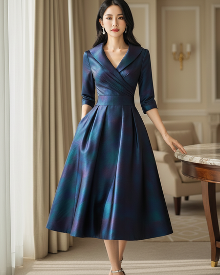 Satin Kleid Multicolor - Satin Midikleid Dunkelblau Langarm - elegantes Kleid - Ansicht 3