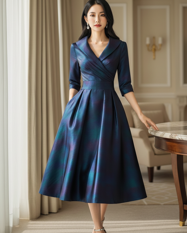 Satin Kleid Multicolor - Satin Midikleid Dunkelblau Langarm - elegantes Kleid - Ansicht 3