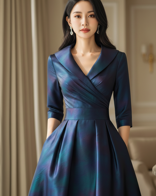 Satin Kleid Multicolor - Satin Midikleid Dunkelblau Langarm - elegantes Kleid - Ansicht 4