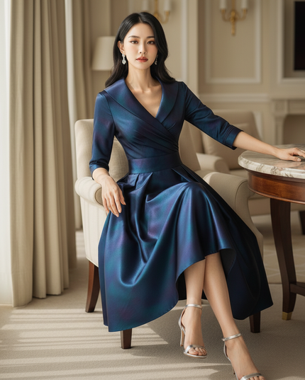 Satin Kleid Multicolor - Satin Midikleid Dunkelblau Langarm - elegantes Kleid - Ansicht 5