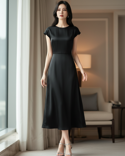 Satin Kleid Black - Satin Midikleid Elegant Schwarz - Kurzarm A-Linie - Ansicht 1