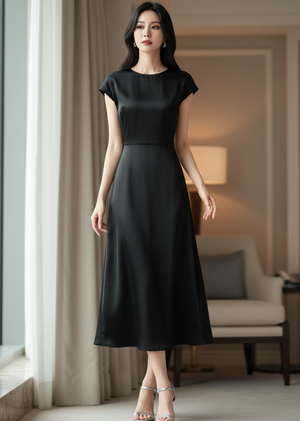 Satin Kleid Black - Satin Midikleid Elegant Schwarz - Kurzarm A-Linie - Ansicht 1