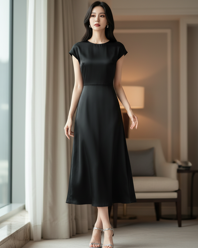 Satin Kleid Black - Satin Midikleid Elegant Schwarz - Kurzarm A-Linie - Ansicht 1