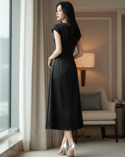 Satin Kleid Black - Satin Midikleid Elegant Schwarz - Kurzarm A-Linie - Ansicht 2