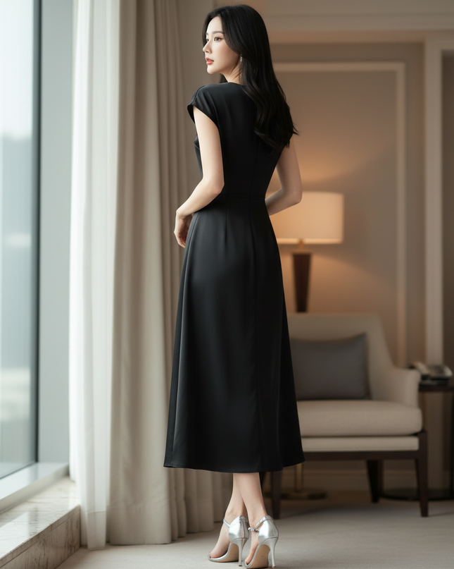 Satin Kleid Black - Satin Midikleid Elegant Schwarz - Kurzarm A-Linie - Ansicht 2
