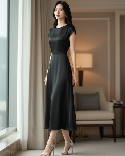 Satin Kleid Black - Satin Midikleid Elegant Schwarz - Kurzarm A-Linie - Ansicht 3