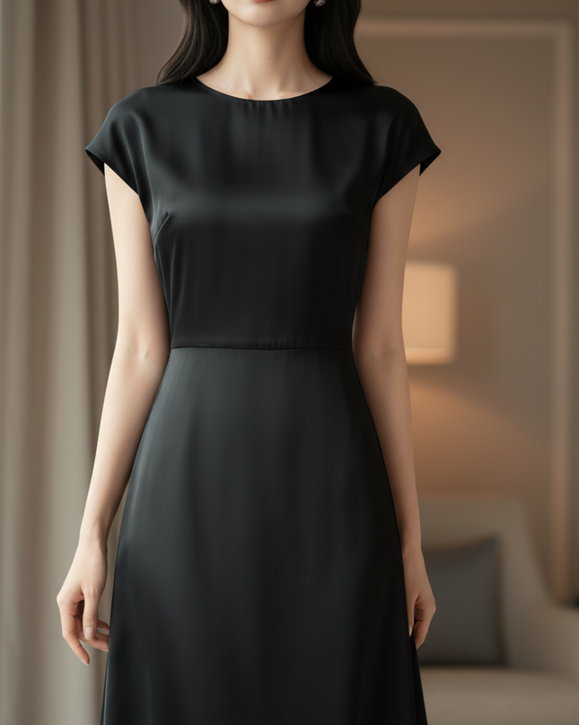 Satin Kleid Black - Satin Midikleid Elegant Schwarz - Kurzarm A-Linie - Ansicht 4