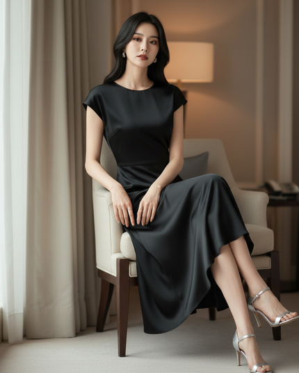 Satin Kleid Black - Satin Midikleid Elegant Schwarz - Kurzarm A-Linie - Ansicht 5