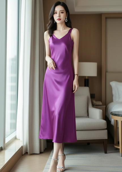 Satin Kleid Purple - Satin Midikleid Flieder - Lila V-Ausschnitt Slip - Ansicht 1