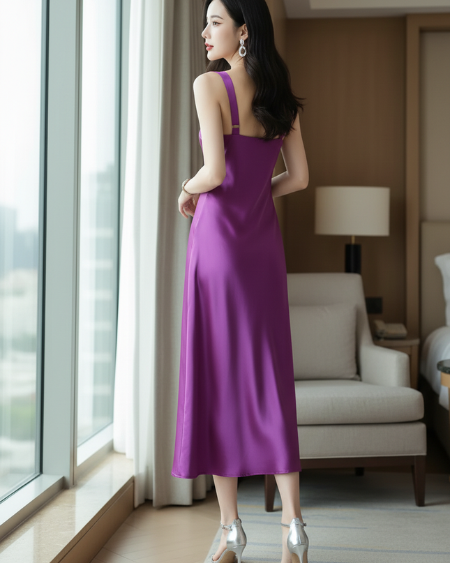Satin Kleid Purple - Satin Midikleid Flieder - Lila V-Ausschnitt Slip - Ansicht 2