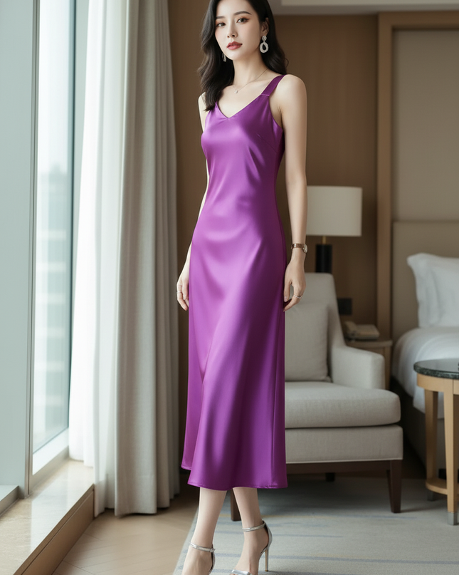 Satin Kleid Purple - Satin Midikleid Flieder - Lila V-Ausschnitt Slip - Ansicht 3