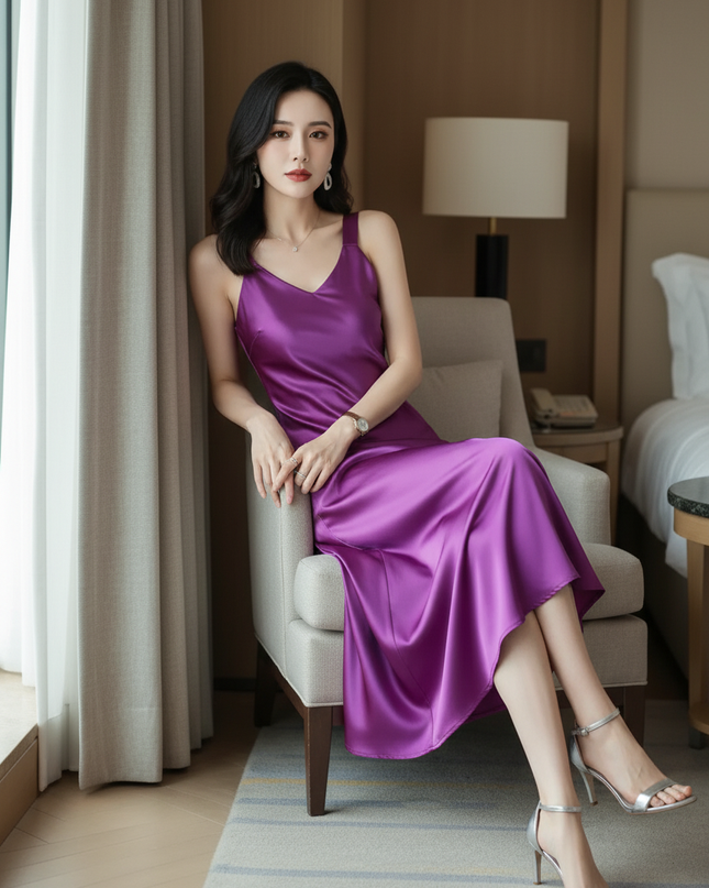 Satin Kleid Purple - Satin Midikleid Flieder - Lila V-Ausschnitt Slip - Ansicht 5