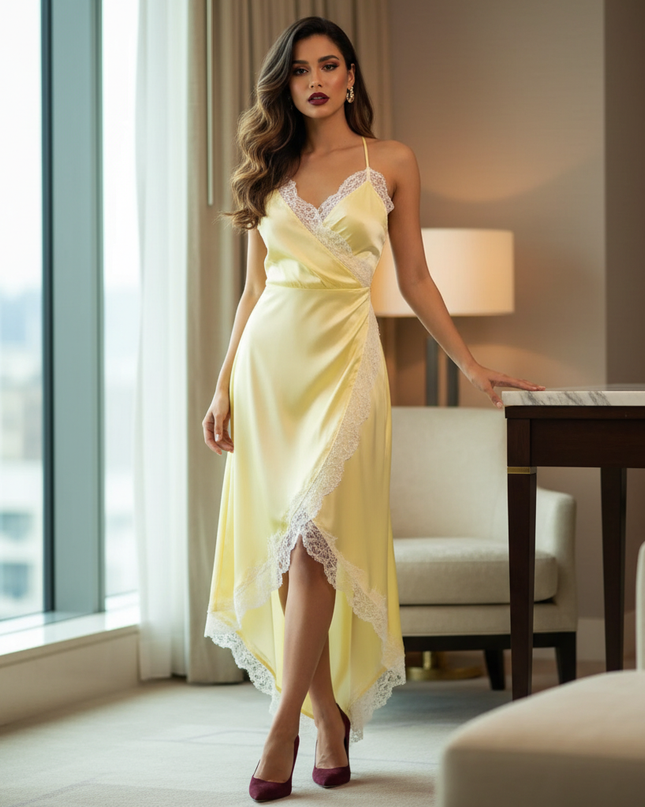 Satin Kleid Yellow - Satin Midikleid Gelb - Spitze Wickelschnitt - Ansicht 1