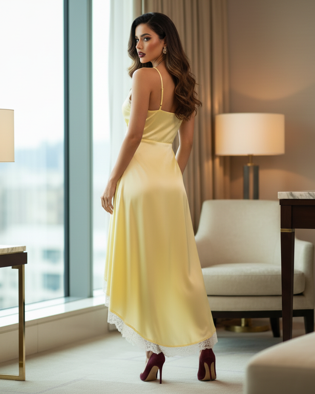 Satin Kleid Yellow - Satin Midikleid Gelb - Spitze Wickelschnitt - Ansicht 2