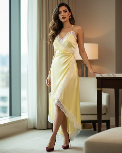 Satin Kleid Yellow - Satin Midikleid Gelb - Spitze Wickelschnitt - Ansicht 3