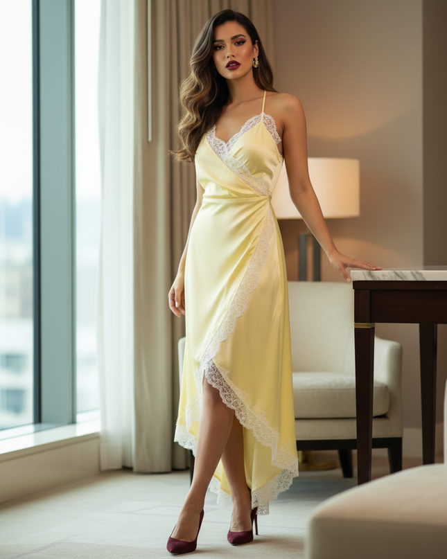 Satin Kleid Yellow - Satin Midikleid Gelb - Spitze Wickelschnitt - Ansicht 3