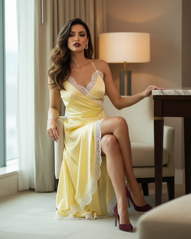 Satin Kleid Yellow - Satin Midikleid Gelb - Spitze Wickelschnitt - Ansicht 5