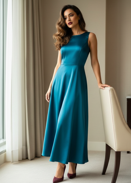 Satin Kleid Teal - Satin Midikleid Halter Blau - Teal, A-Linie - Ansicht 1