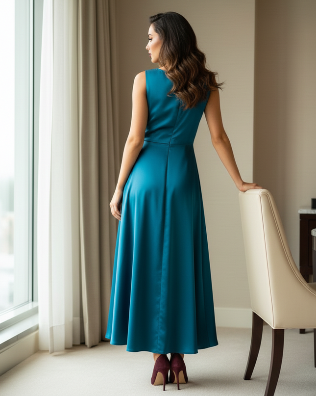 Satin Kleid Teal - Satin Midikleid Halter Blau - Teal, A-Linie - Ansicht 2
