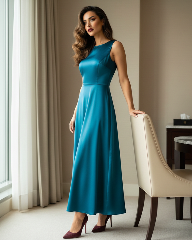 Satin Kleid Teal - Satin Midikleid Halter Blau - Teal, A-Linie - Ansicht 3