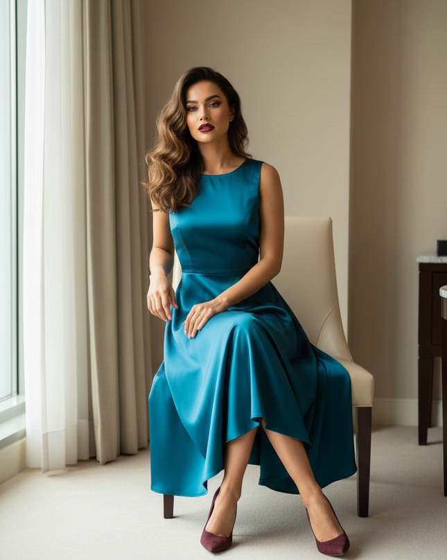 Satin Kleid Teal - Satin Midikleid Halter Blau - Teal, A-Linie - Ansicht 5