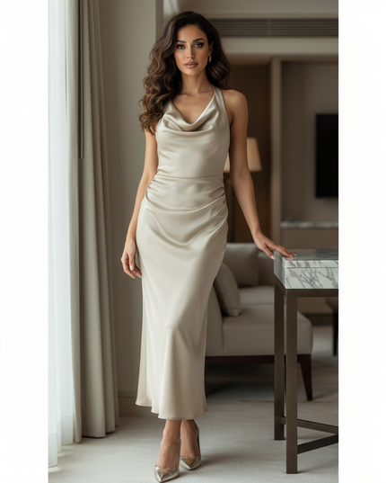 Satin Kleid - Satin Midikleid Halter Bordeaux - Ruched Style - Ansicht 1