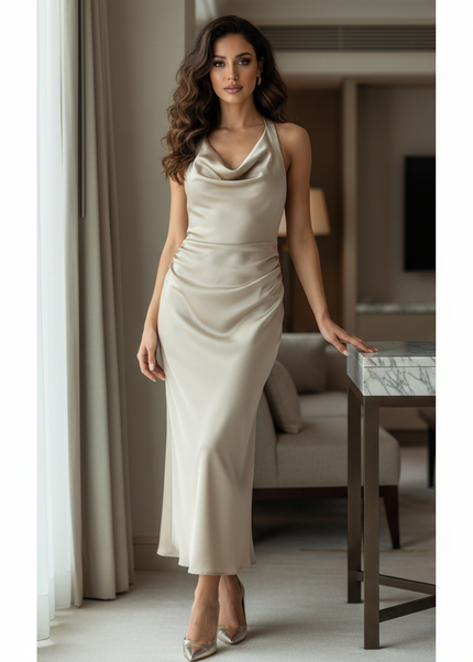 Satin Kleid - Satin Midikleid Halter Bordeaux - Ruched Style - Ansicht 1