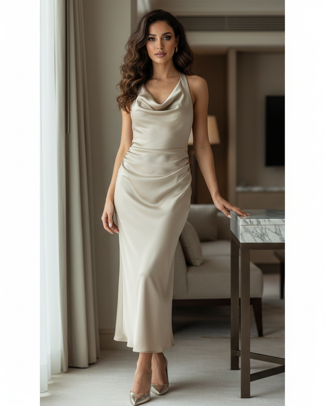 Satin Kleid - Satin Midikleid Halter Bordeaux - Ruched Style - Ansicht 1