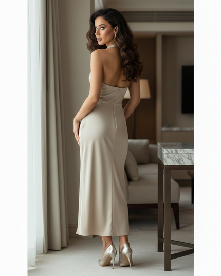 Satin Kleid - Satin Midikleid Halter Bordeaux - Ruched Style - Ansicht 2