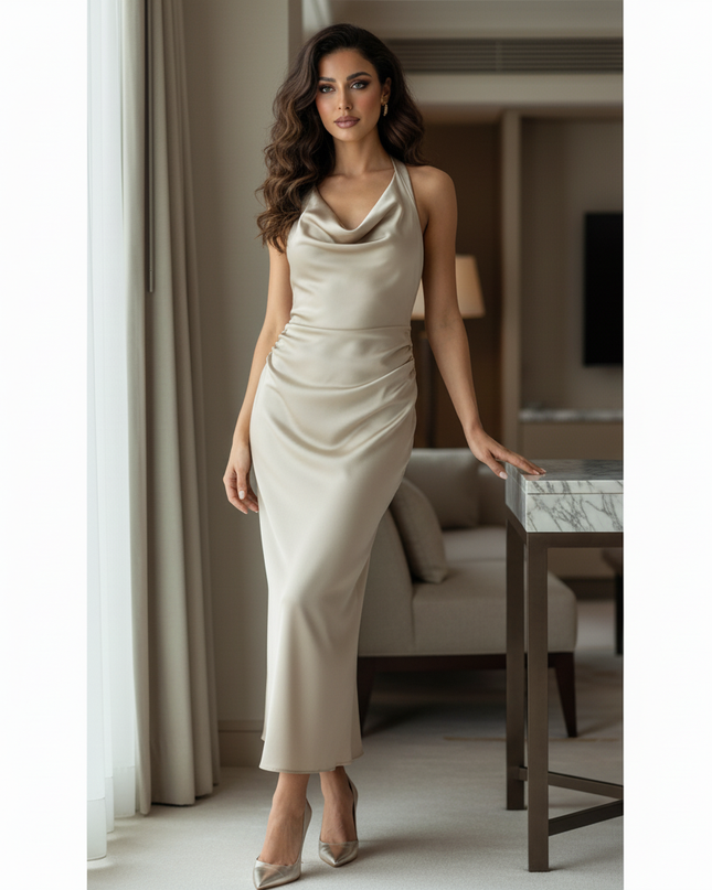 Satin Kleid - Satin Midikleid Halter Bordeaux - Ruched Style - Ansicht 3