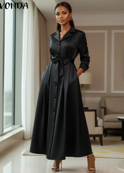 Satinkleid schwarz - Schwarzes Satin Midikleid Langarm mit Guertel - Ansicht 1