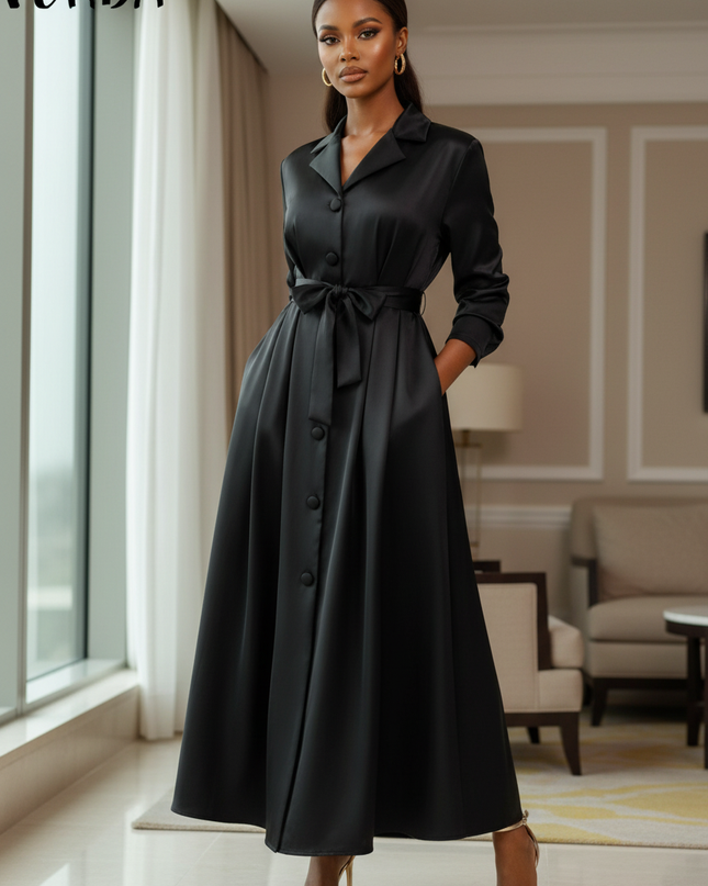 Satinkleid schwarz - Schwarzes Satin Midikleid Langarm mit Guertel - Ansicht 1