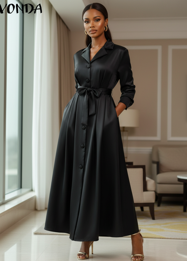 Satinkleid schwarz - Schwarzes Satin Midikleid Langarm mit Guertel - Ansicht 1