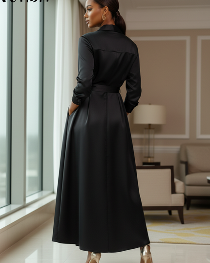 Satinkleid schwarz - Schwarzes Satin Midikleid Langarm mit Guertel - Ansicht 2
