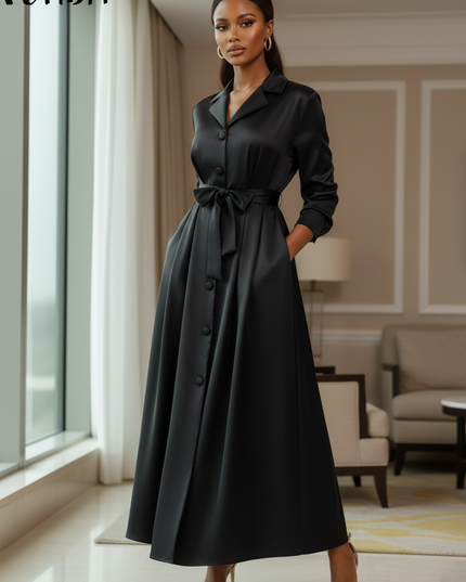 Satinkleid schwarz - Schwarzes Satin Midikleid Langarm mit Guertel - Ansicht 3