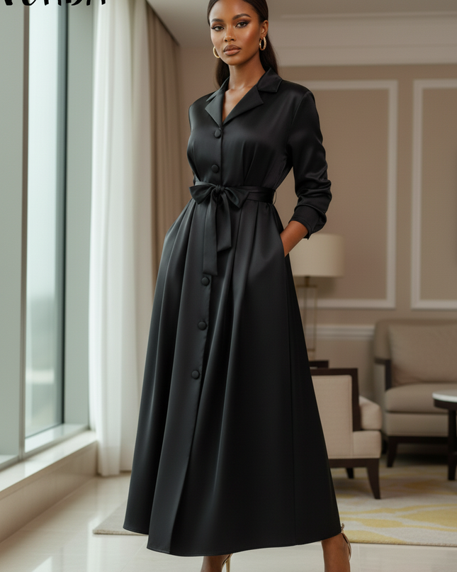 Satinkleid schwarz - Schwarzes Satin Midikleid Langarm mit Guertel - Ansicht 3