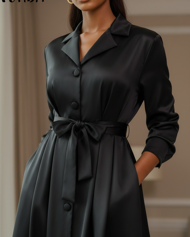 Satinkleid schwarz - Schwarzes Satin Midikleid Langarm mit Guertel - Ansicht 4