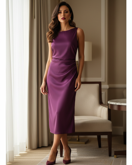 Satin Kleid Purple - Satin Midikleid Lila - armelloses Kleid elegant - Ansicht 1