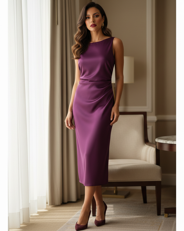 Satin Kleid Purple - Satin Midikleid Lila - armelloses Kleid elegant - Ansicht 3