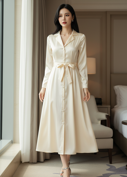 Satin Kleid - Gruenes Satin Midikleid mit Langarm - Ansicht 1