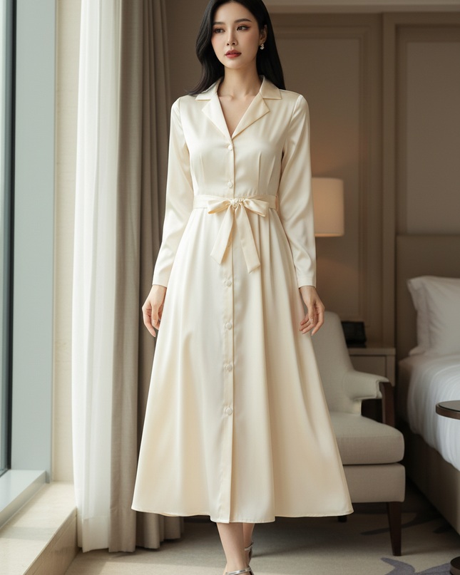 Satin Kleid - Gruenes Satin Midikleid mit Langarm - Ansicht 1