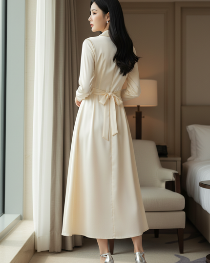 Satin Kleid - Gruenes Satin Midikleid mit Langarm - Ansicht 2
