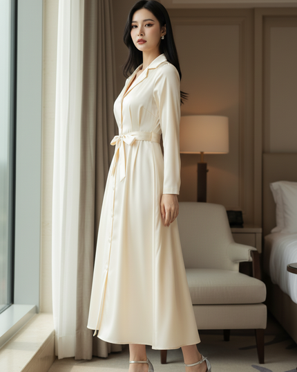 Satin Kleid - Gruenes Satin Midikleid mit Langarm - Ansicht 3